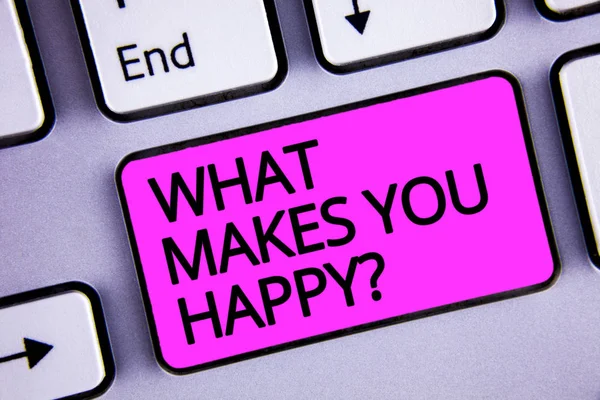 Handwriting text What Makes You Happy Question. Concept meaning Happiness comes with love and positive life Keyboard purple key Intention create text computer message paper essay