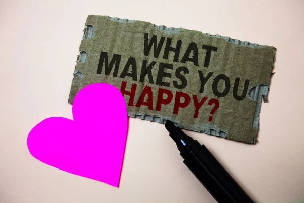 文本符号显示什么使你快乐的问题 概念照片幸福伴随着爱和积极生活棕色纸板粗糙的想法消息心野爱可爱的意图 — 图库照片