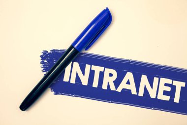 Word metin yazma Intranet. İş kavramı bir şirket Interlinked yerel alan ağları fikirler mesajlar özel ağ için resim mavi kalem bej arka plan boya fikir mesaj soluk