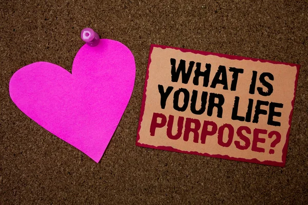 Conceptual hand writing showing What Is Your Life Purpose Question. Business photo showcasing Personal Determination Aims Achieve Goal Brown rug Ideas message pink heart love feelings thoughts