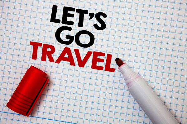 Writing note showing Let'S Go Travel. Business photo showcasing Going away Travelling Asking someone to go outside Trip Graph paper grey important thoughts idea information science math data