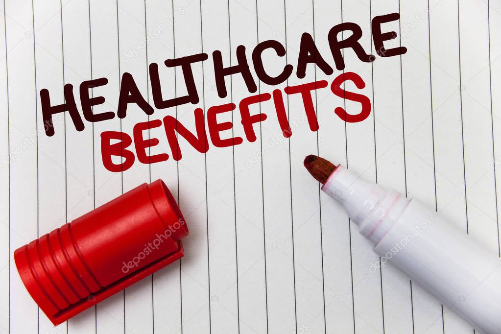 Conceptual hand writing showing Healthcare Benefits. Business photo showcasing it is insurance that covers the medical expenses white background marker love message idea memories temple