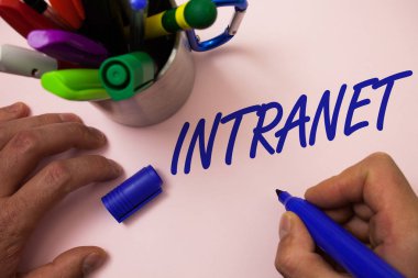 Intranet yazma el yazısı metin. Bir şirketin Interlinked yerel alan ağları adam çalışma ilham marker defter fikirler beyaz arka plan tutan kavram anlamı özel ağ
