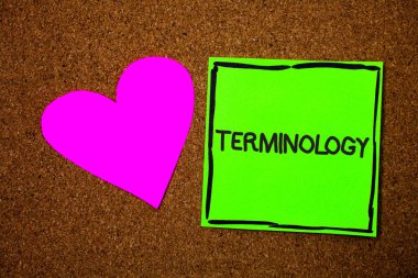 Terminoloji gösterilen Not yazma. İş fotoğraf koleksiyonu farklı meslek eğitim sanayi aşk kahverengi renk güzel hart sanat çalışma kağıt kurulu tasarımlar siyah gölge tarafından kullanılan terimlerin vitrine