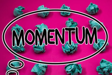Word metin yazma Momentum. Yazı tipi arka plan iş kavramı vücut ürün kütle ve hız Crumpled Kağıt topları desen eliptical tasarım hareketli bir miktar hareket için animasyon