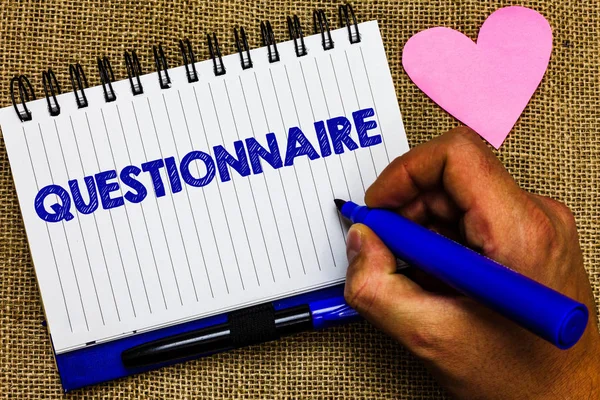 Writing note showing Questionnaire. Business photo showcasing Questions with a choice of answers Survey Statistical study Notepad pen papers ideas thoughts nice lovely love romantic hart mat