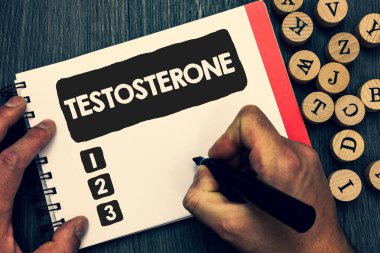 Testosteron gösterilen Not yazma. İş fotoğraf vitrine erkek hormonları geliştirme ve stimülasyon spor madde yaratıcı bir fikir kağıt nesne ilham güzel düşünceler Not defteri bulmaca