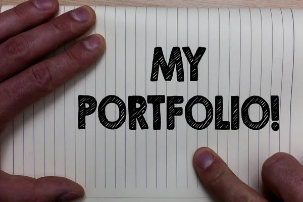 Writing note showing My Portfolio Motivational Call. Business photo showcasing Samples of work Art drawings photography Notebook register line drawing office routine hand fingers busy work
