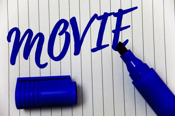 Writing note showing Movie. Business photo showcasing Cinema or television film Motion picture Video displayed on screen Marker pen cap bold highlighter linned background script sharpened nib