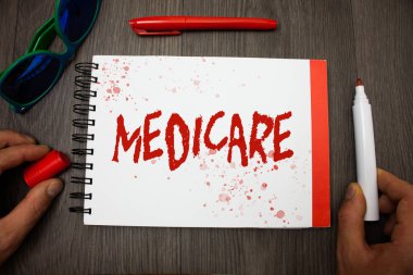 Medicare yazma el yazısı metin. Googles gözlük kalem marker kap Not defteri defter vurgulayıcı görme 65 yukarıda veya engelli kişiler için federal sağlık sigortası anlam kavramı