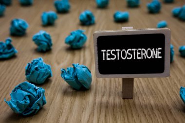 Testosteron gösterilen Not yazma. Erkek hormonları geliştirme ve stimülasyon spor madde Camgöbeği kağıt hayal fikir vitrine iş fotoğraf kağıtları hatalar birkaç deneme buruşuk.