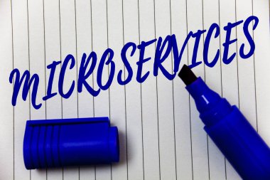 Writing note showing Microservices. Business photo showcasing Software development technique Decomposing an application Marker pen cap bold highlighter linned background script sharpened nib clipart