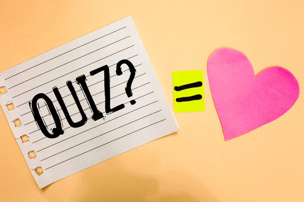 Conceptual hand writing showing Quiz Question. Business photo showcasing Short Tests Evaluation Examination to quantify your knowledge Love equation memory thought orange heart lovely art papers