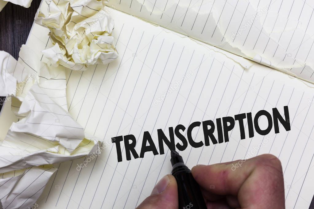 Conceptual hand writing showing Transcription. Business photo showcasing Written or printed process of transcribing words text voice Paper object notepad crumpled papers ideas several tries