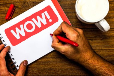 Wow motivasyonel ara gösterilen metin işareti. Kavramsal fotoğraf ifade suskun birinin sanat eser ahşap düşündüm çok memnun Kupası marker kırmızı kalem Not defteri beyaz kağıt güzel fikirler hayran