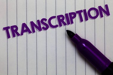 Transkripsiyon gösterilen metin işareti. Kavramsal fotoğraf yazılı veya kelime metin transkripsiyonu yazdırılan işlemi sesli not defteri marker kalem fikirleri düşünceleri beyaz kağıt önemli siyah gölge