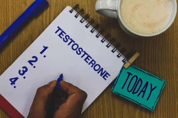 Handwriting text Testosterone. Concept meaning Male hormones development and stimulation sports substance Mug coffee paper marker pens nice art clip paperclip daily wordlists