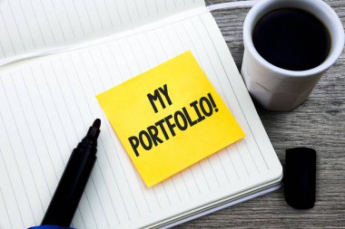 El yazısı metin benim portföy motivasyonel ara. İş sanat örneklerini çizimler fotoğraf çalışması malzeme klasör kartı kayıt defter kalem kap çay kahve Kupası tablo anlam kavramı
