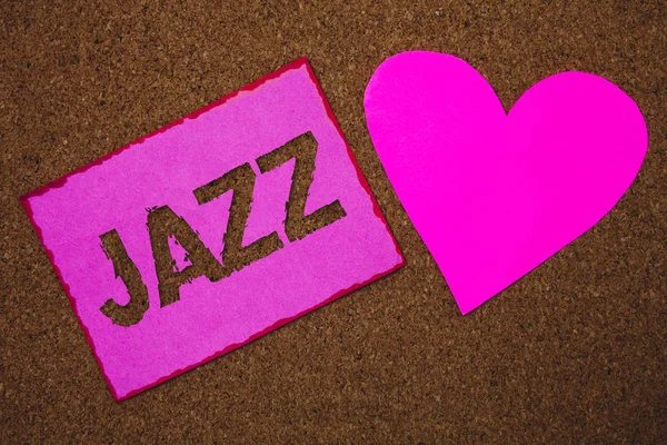 Handwriting text Jazz. Concept meaning Type of music of black American origin Musical genre Strong rhythm Paper heart ideas messages cork background love lovely dedication thoughts