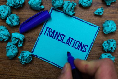 Text sign showing Translations. Conceptual photo Written or printed process of translating words text voice Cyan paper object thoughts crumpled papers ideas mistakes several tries clipart