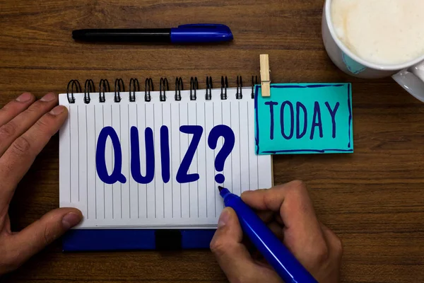 Handwriting text Quiz Question. Concept meaning Short Tests Evaluation Examination to quantify your knowledge Marker pens notepad cup milk coffee daily memories dairy clip paperclip