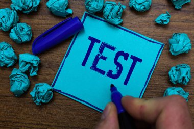 Text sign showing Test. Conceptual photo Academic systemic procedure assess reliability durability proficiency Cyan paper object thoughts crumpled papers ideas mistakes several tries clipart