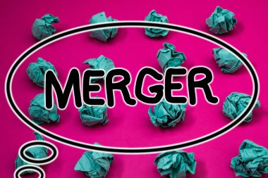 Word metin yazma birleşme. Yazı tipi arka plan iş kavramı iki şey veya şirketler Fusion koalisyon birleşme buruşuk Kağıt topları desen eliptical tasarım birleşimi için animasyon