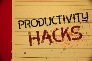 El yazısı metin verimlilik Hacks. Siyah ve kırmızı harflerle serpin renkleri yazılı kesmek çözüm yöntemi ipuçları verimliliği verimlilik Mellow sarı renk sayfa anlam kavramı