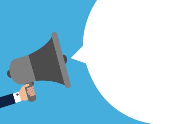 Düz tasarım iş illüstrasyon kavramı dijital pazarlama iş megafon için Web sitesi ve promosyon afiş. Çizgi film insan eli boş sosyal medya kopya alanı metin holding