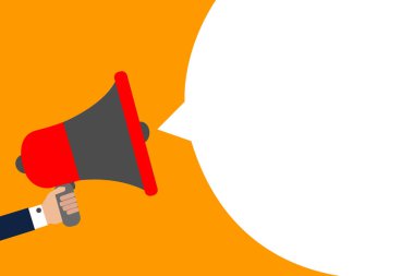 Düz tasarım iş illüstrasyon kavramı dijital pazarlama iş megafon için Web sitesi ve promosyon afiş. Çizgi film insan eli boş sosyal medya kopya alanı metin holding