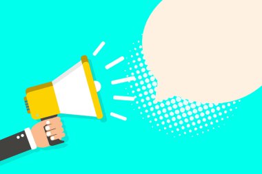 Düz tasarım iş illüstrasyon kavramı dijital pazarlama iş megafon için Web sitesi ve promosyon afiş. Çizgi film insan eli boş sosyal medya kopya alanı metin holding