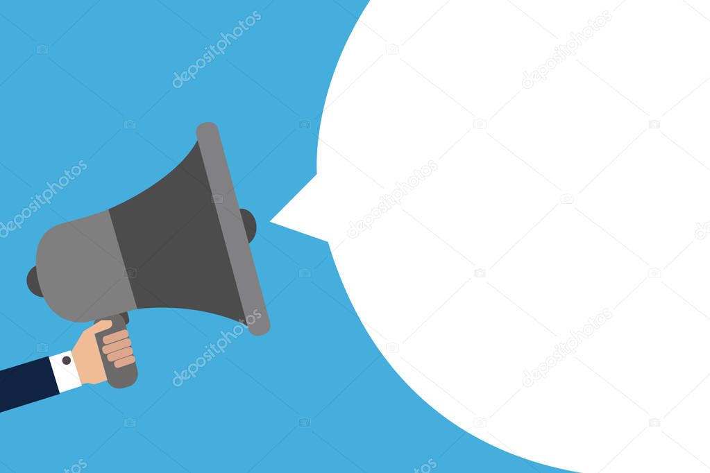 Flat design business illustration concept Digital marketing business megaphone for website and promotion banners. Cartoon human hand holding empty social media copy space text