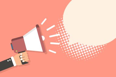 Düz tasarım iş illüstrasyon kavramı dijital pazarlama iş megafon için Web sitesi ve promosyon afiş. Çizgi film insan eli boş sosyal medya kopya alanı metin holding