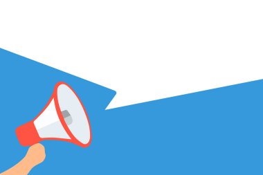 Düz tasarım iş illüstrasyon kavramı dijital pazarlama iş megafon için Web sitesi ve promosyon afiş. Çizgi film insan eli boş sosyal medya kopya alanı metin holding