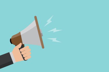 Düz tasarım iş illüstrasyon kavramı dijital pazarlama iş megafon için Web sitesi ve promosyon afiş. Çizgi film insan eli boş sosyal medya kopya alanı metin holding