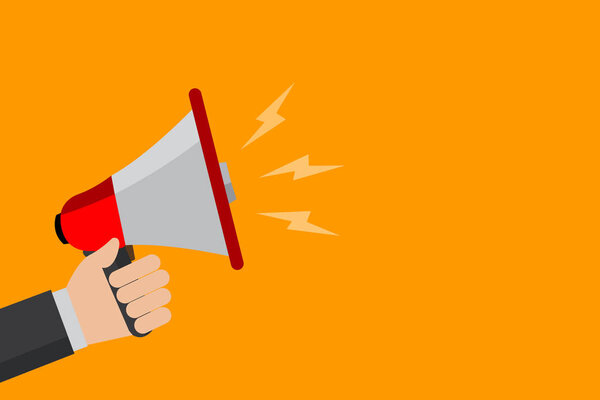 Flat design business illustration concept Digital marketing business megaphone for website and promotion banners. Cartoon human hand holding empty social media copy space text