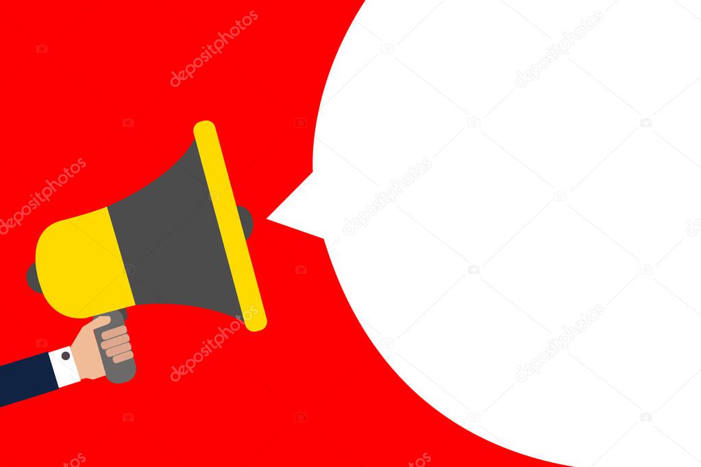 Flat design business illustration concept Digital marketing business megaphone for website and promotion banners. Cartoon human hand holding empty social media copy space text