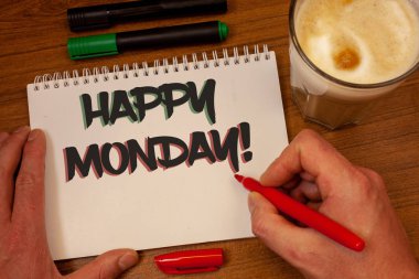 Mutlu Pazartesi motivasyonel ara gösterilen Not yazma. Dilek sen fotoğraf iş vitrine hafta için iyi bir başlangıç var