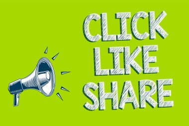 Paylaş'ı tıklatın gibi gösterilen Not yazma. İş fotoğraf vitrine Internet Online Sanat ağ medya takip paylaşımı iletmek mesaj hoparlör alarm duyuru yeşil arka plan