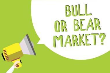 Boğa ya da ayı piyasası soru gösterilen metin işareti. Birisi onun pazarlama yöntemi çok satırlı metin iletisi fikir hakkında soran kavramsal Foto iletmek rapor ses hoparlör duyuru