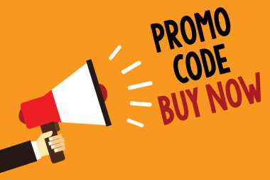 El yazısı metin Promo kodu satın almak şimdi. Alarm uyarı duyuru hoparlör sinyal göstergesi komut dosyası özel kelimeler girerek büyük indirim veren anlam kavramı sembol