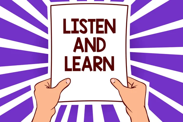 Conceptual hand writing showing Listen And Learn. Business photo text Pay attention to get knowledge Learning Education Lecture Paper page text lines hand wave design convey notice message idea
