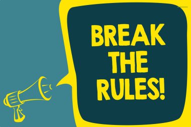 Kavramsal el Break The Rules gösterilen yazma. İş değişiklikleri yapın fotoğraf vitrine her şeyi farklı isyan Reform komut dosyası sanat hoparlör ses ileten ileti sonuç fikir