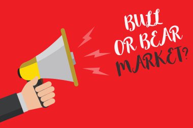 Boğa ya da ayı piyasası soru gösterilen Not yazma. Birisi onun pazarlama yöntemi el küçük hoparlör ses genel mesaj sorunu metin duyuru hakkında soran vitrine iş fotoğraf