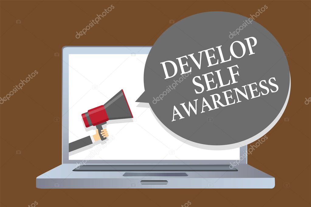 Text sign showing Develop Self Awareness. Conceptual photo increase conscious knowledge of own character Laptop desktop speaker alarming warning sound announcements indication idea