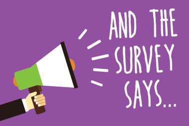 Metin yazma ve Survey Says kelime... İş kavramı yapmak için anket ve getirmek sonuçlarını başkalarıyla ses çalar el sıcak konu genel duyuru iletisi duyuru konuşmak