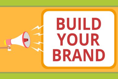 Build Your marka gösterilen Not yazma. Komut dosyası kamu hoparlör duyuru yapmak ticari kimlik pazarlama reklam mesajı fikir buluş vitrine iş fotoğraf kutulu