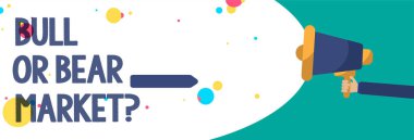 Boğa ya da ayı piyasası soru gösterilen metin işareti. Birisi onun pazarlama yöntemi yaratıcı sanat çalışmaları tip fikir metin komut dosyası ileti renkli balon oval tasarım hakkında soran kavramsal fotoğraf