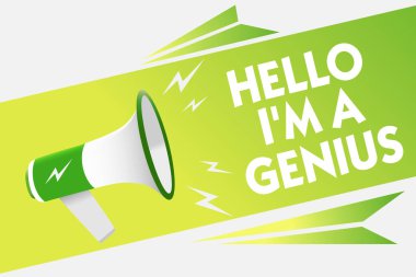 Word Hello metnini yazarken ben bir dahiyim. Başkalarına ortalama kişi üzerinde mesaj uyarı komut dosyası duyuru alarm sinyalleri hoparlörler iletmek gibi kendinizi tanıtmak için iş kavramı