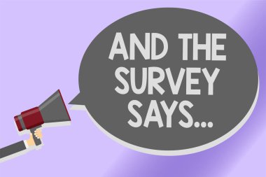 Ve Survey Says gösterilen Not yazma... İş fotoğraf yapıyor vitrine anket ve getirmek sonuçlarını başkalarıyla ses hoparlör duyuru konuşmak satır komut dosyası metin mesajları fikir bildirir